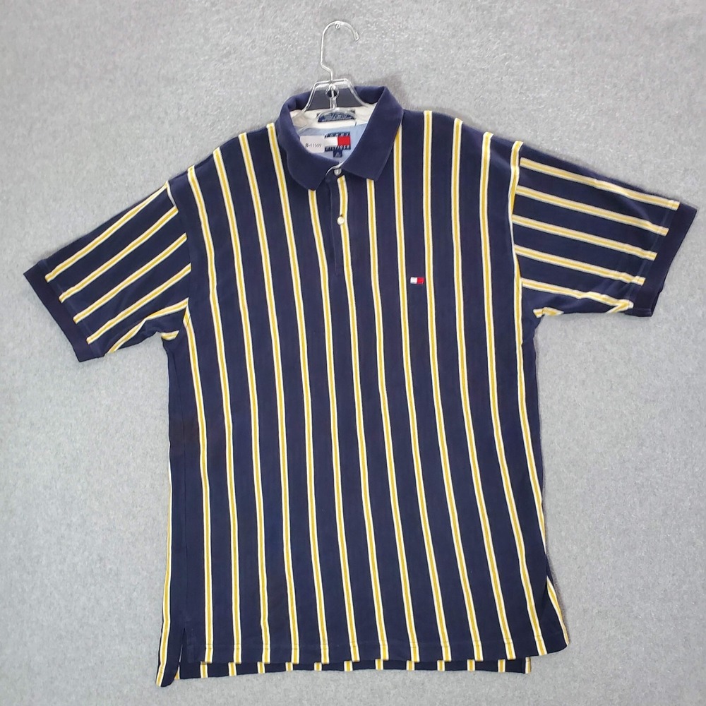 VINTAGE Tommy Hilfiger Men Polo Shirt XL Blue Striped Logo Short Sleeve Y2K